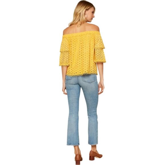 The Nines Eyelet Off The Shoulder Blouse Size Small Layered Sleeve Yellow Hippie - Picture 2 of 8